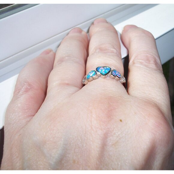 925 STERLING SILVER Lab Created Blue Lavender Fire Opal Hears Ring - Picture 4 of 14